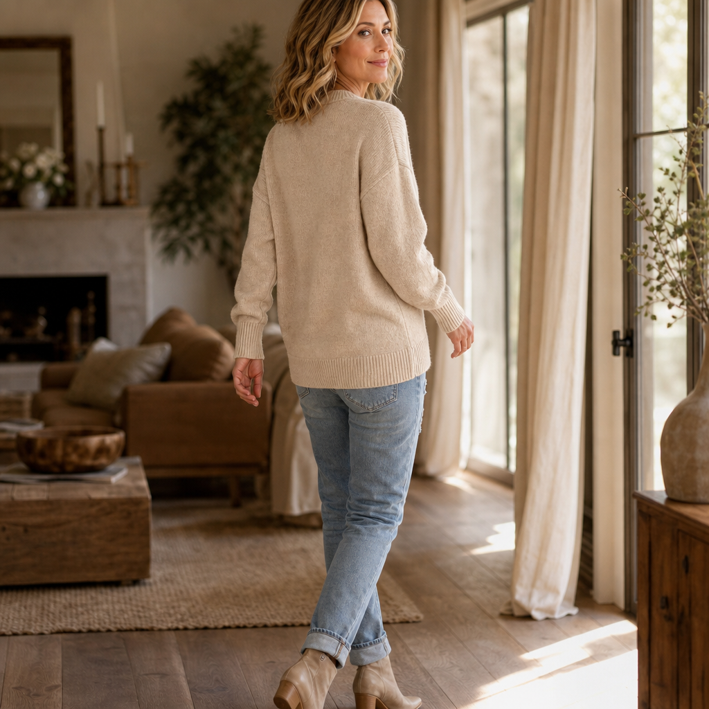 Pull femme en maille à col rond avec détails en cordon et boutons 9
