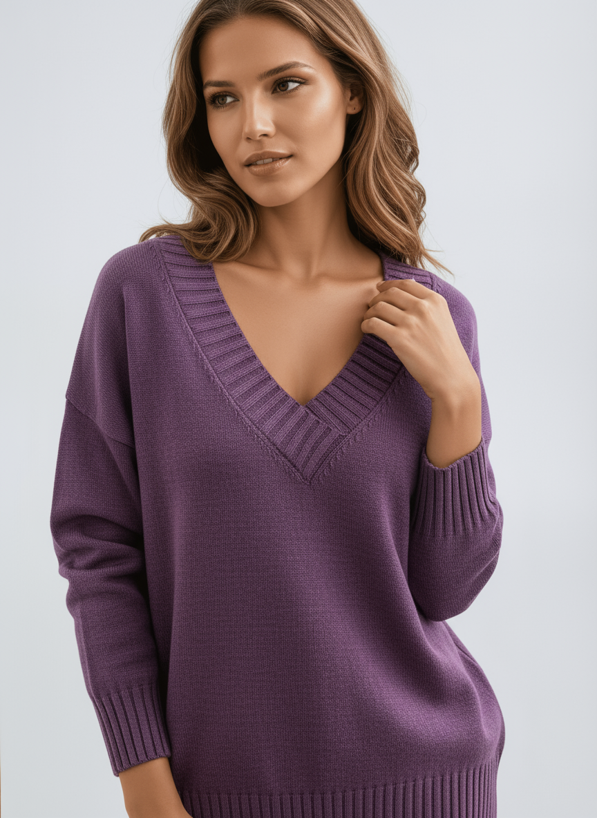 Pull femme en maille à col V, bords côtelés et coupe ample 10
