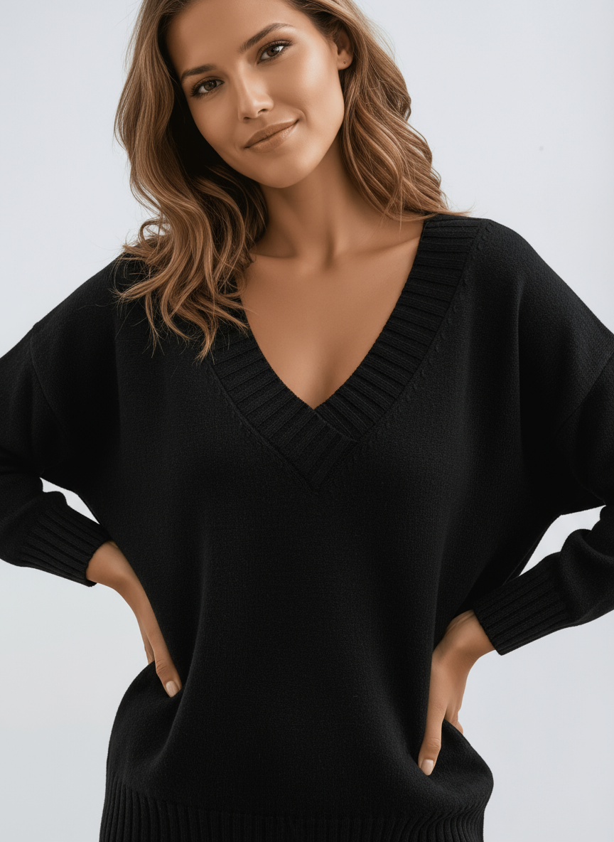 Pull femme en maille à col V, bords côtelés et coupe ample 2