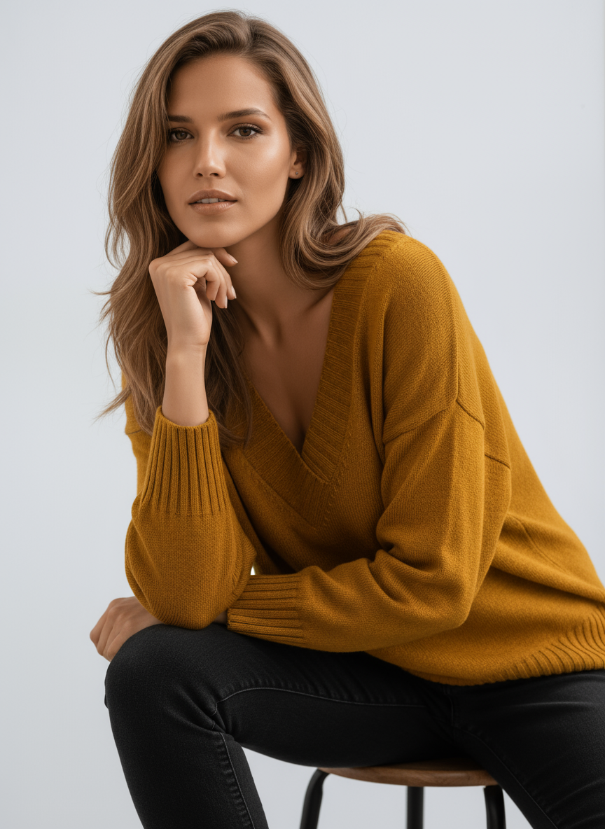 Pull femme en maille à col V, bords côtelés et coupe ample 6
