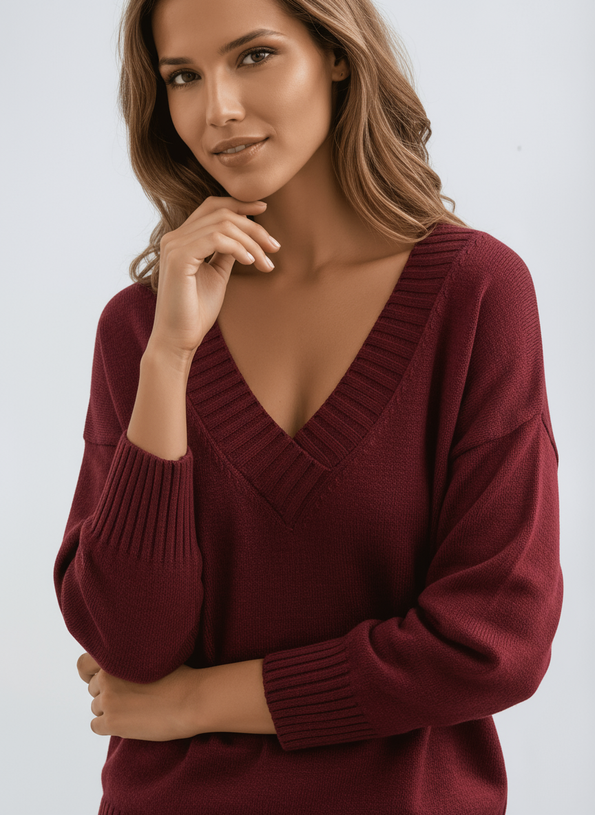 Pull femme en maille à col V, bords côtelés et coupe ample 7