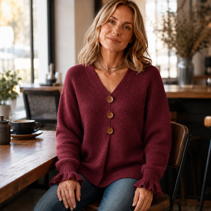 Pull femme en maille à col V boutonné manches longues 10