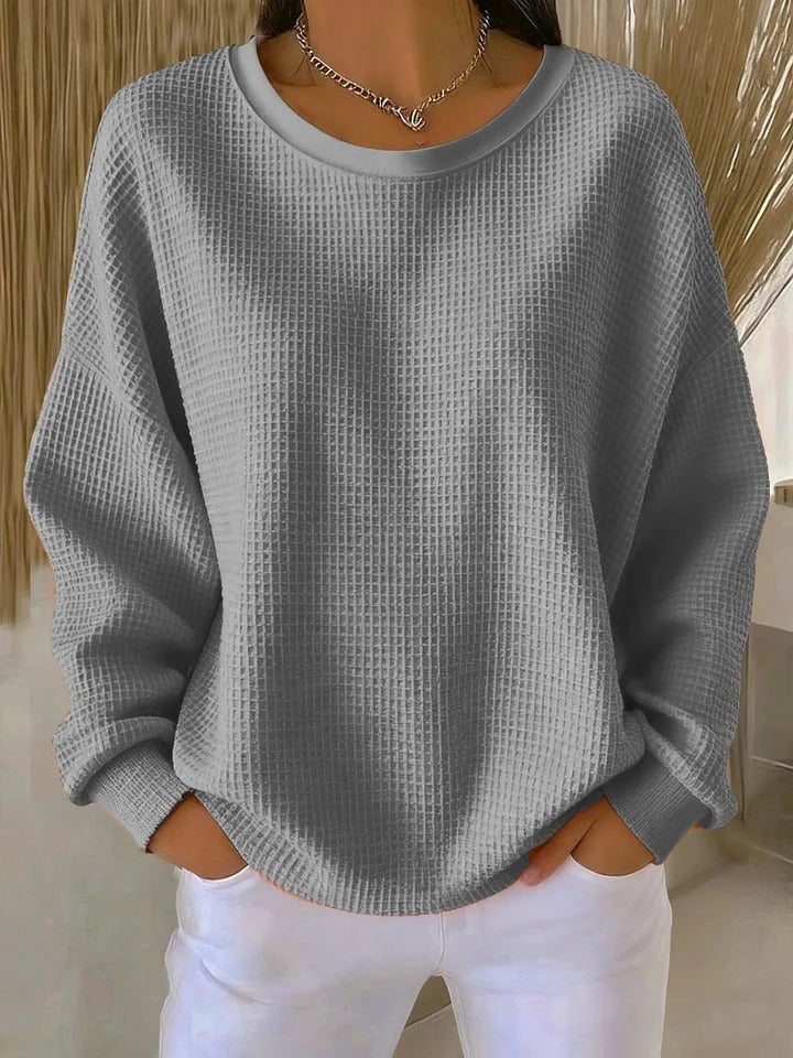 Pull femme oversize en tricot gaufré à col rond et manches longues 3