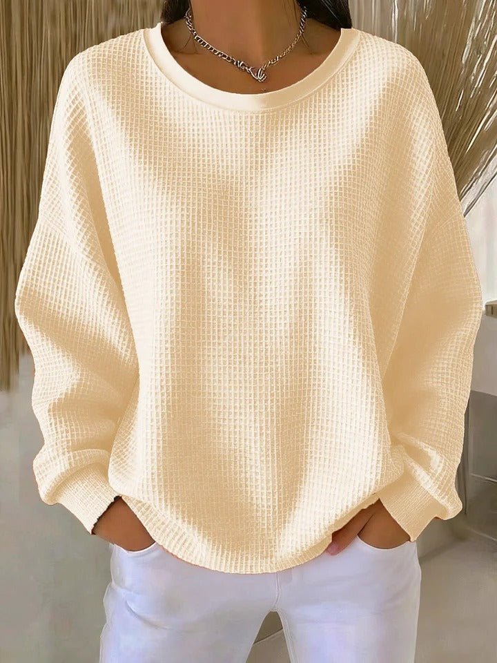 Pull femme oversize en tricot gaufré à col rond et manches longues 4