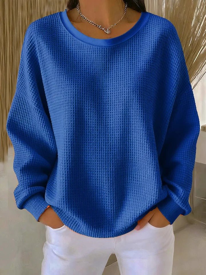 Pull femme oversize en tricot gaufré à col rond et manches longues 5