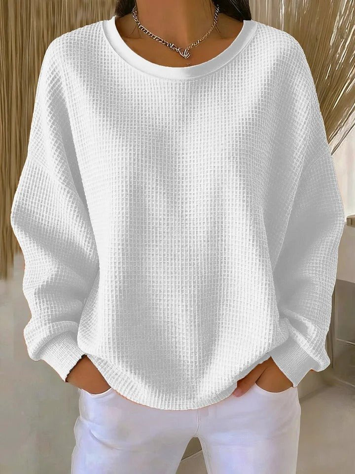 Pull femme oversize en tricot gaufré à col rond et manches longues 6