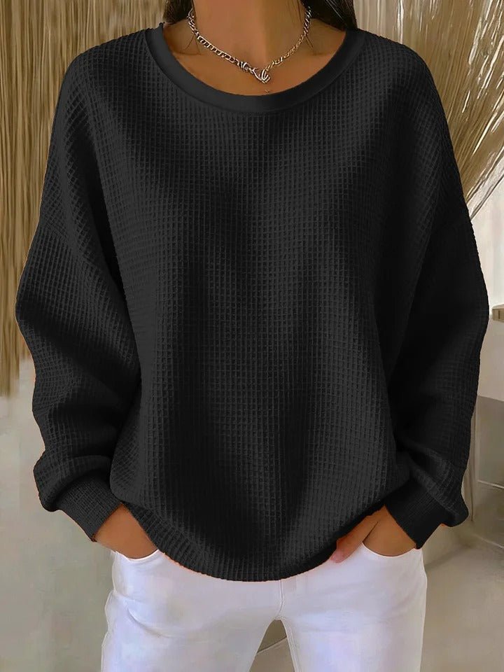 Pull femme oversize en tricot gaufré à col rond et manches longues 7