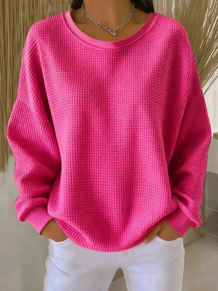 Pull femme oversize en tricot gaufré à col rond et manches longues 9