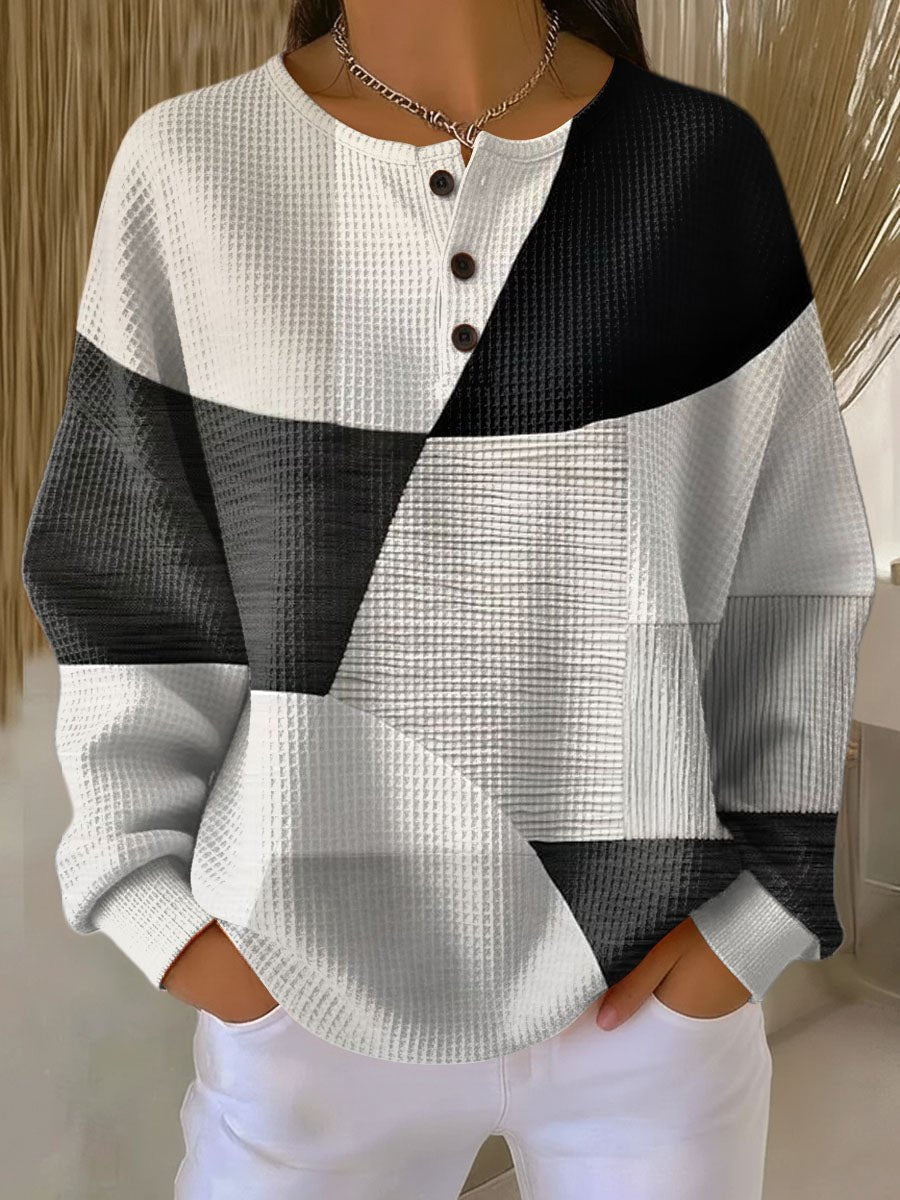 Pull henley femme en maille gaufrée colorblock manches longues 1