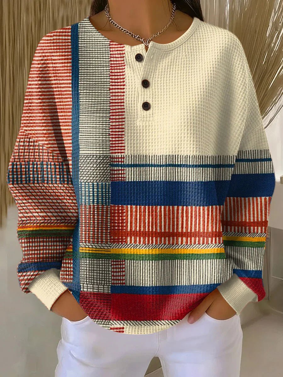 Pull henley femme en maille gaufrée colorblock manches longues 2