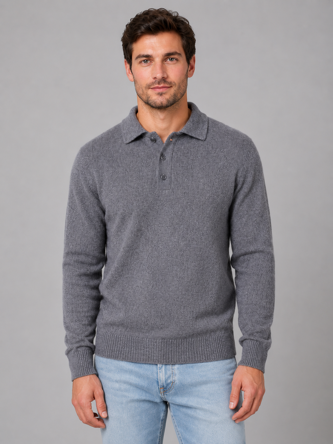 Pull polo homme boutonné en maille à manches longues 1