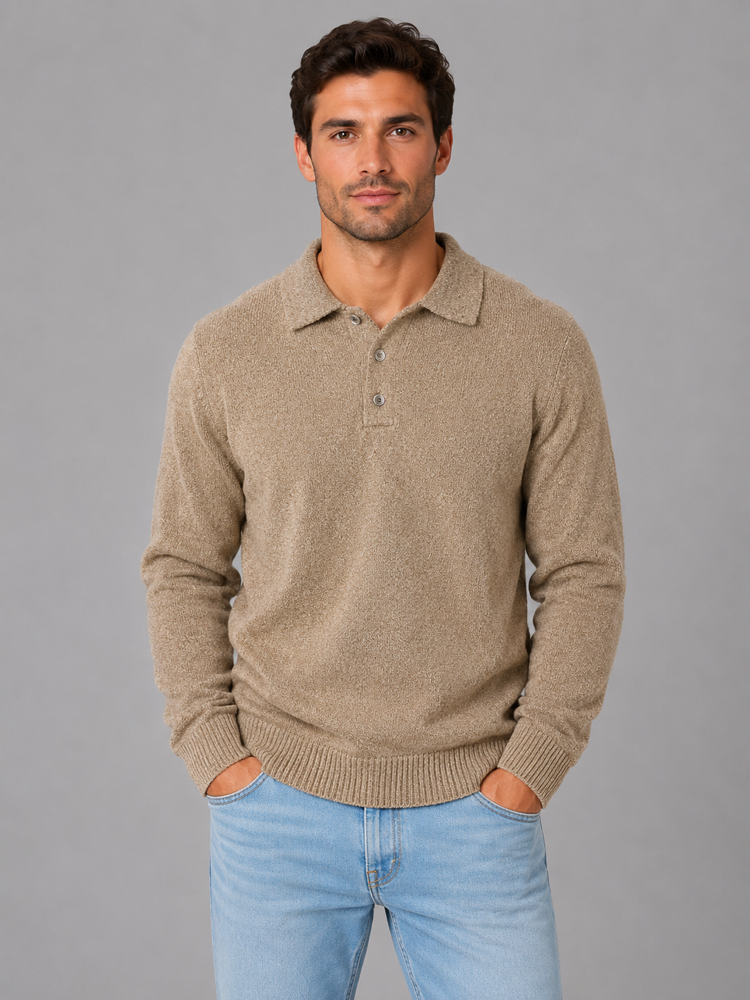Pull polo homme boutonné en maille à manches longues 2