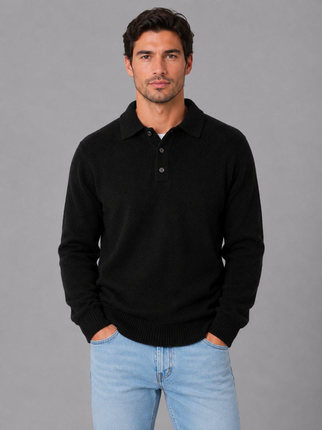 Pull polo homme boutonné en maille à manches longues 7
