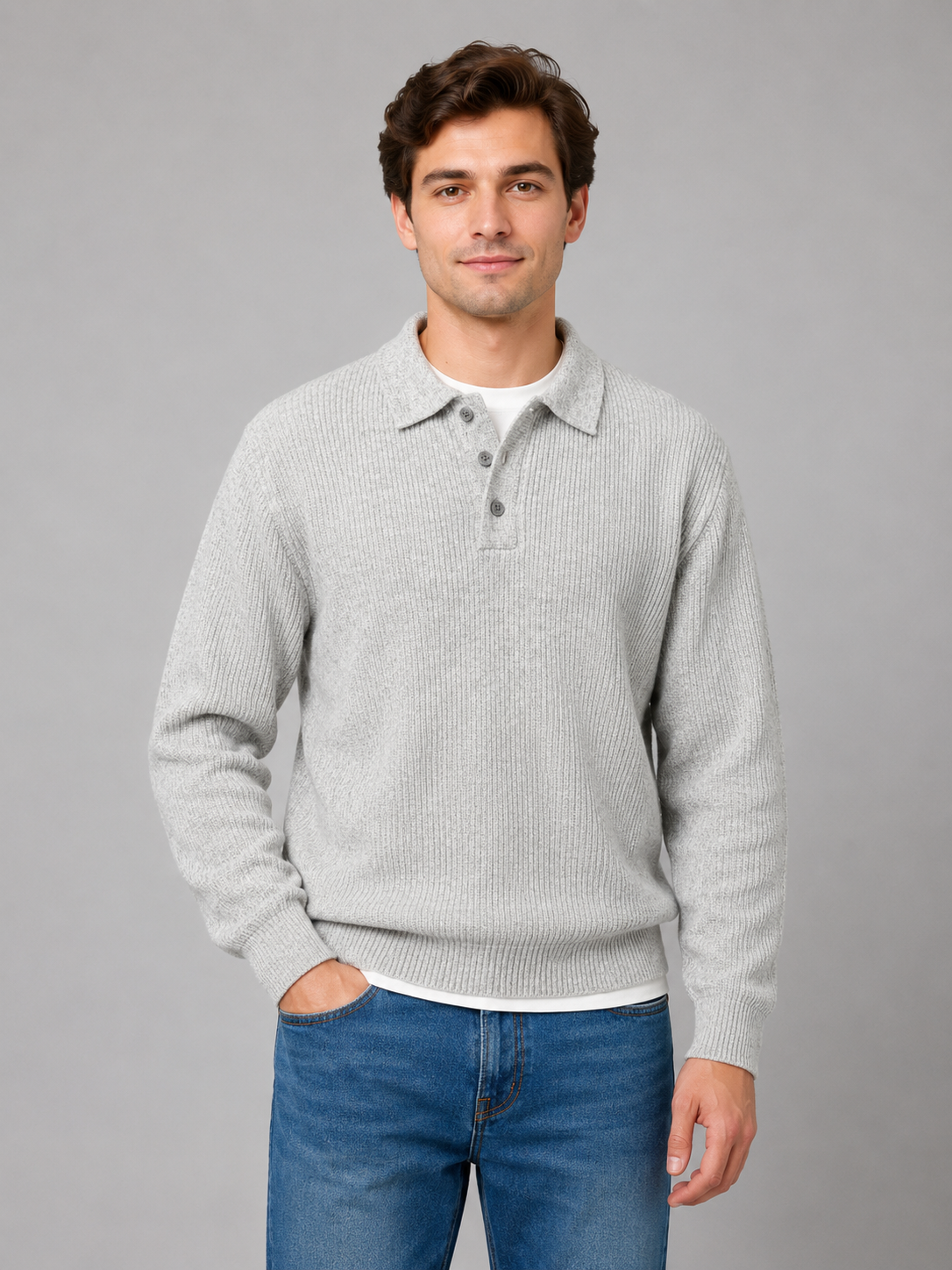 Pull polo homme léger en maille côtelée à col boutonné 1