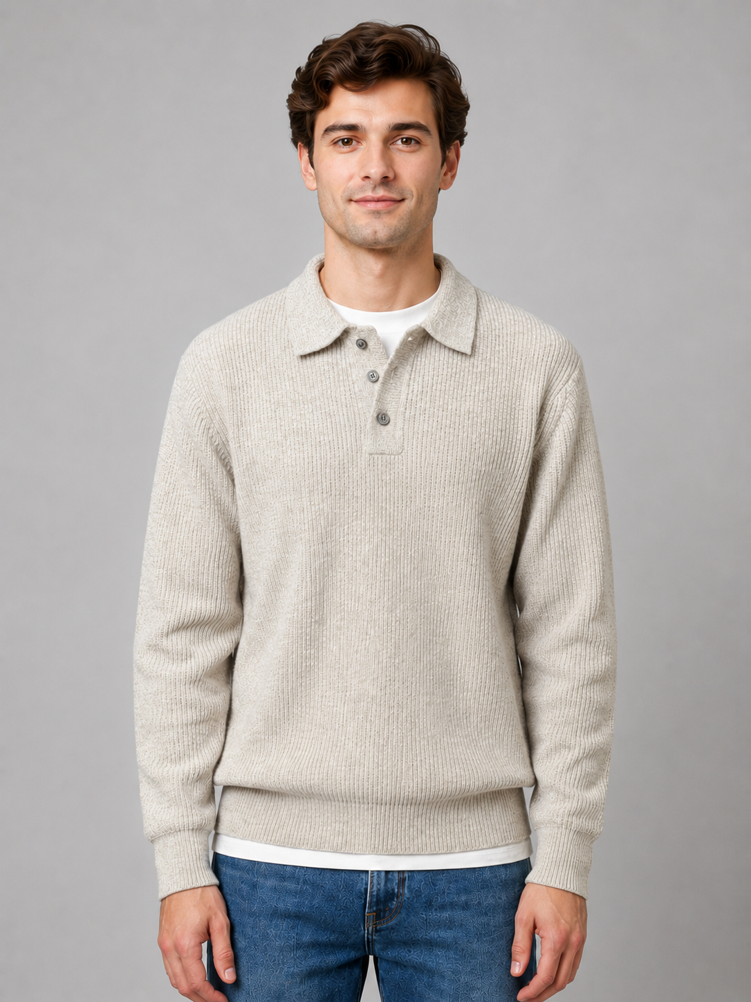 Pull polo homme léger en maille côtelée à col boutonné 2
