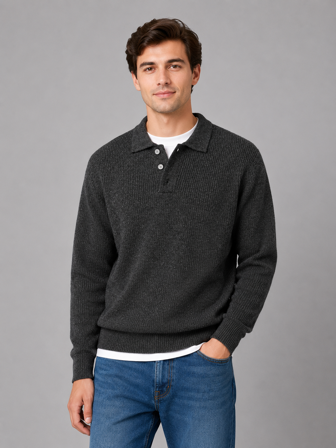 Pull polo homme léger en maille côtelée à col boutonné 3