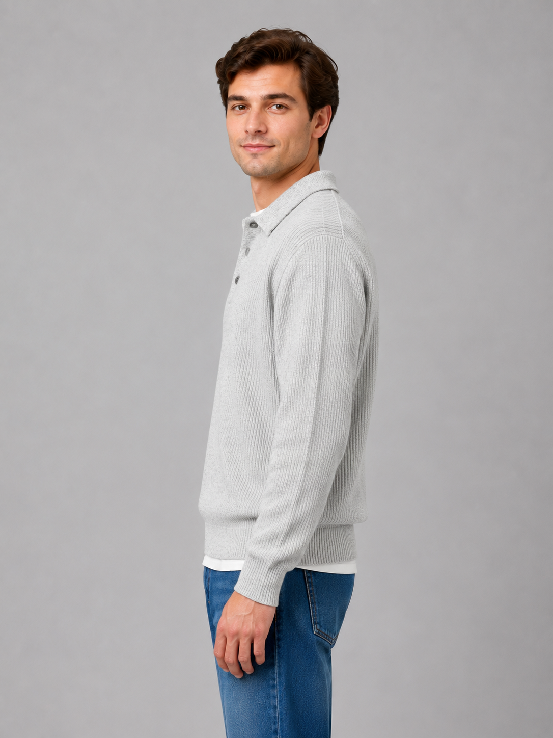 Pull polo homme léger en maille côtelée à col boutonné 5