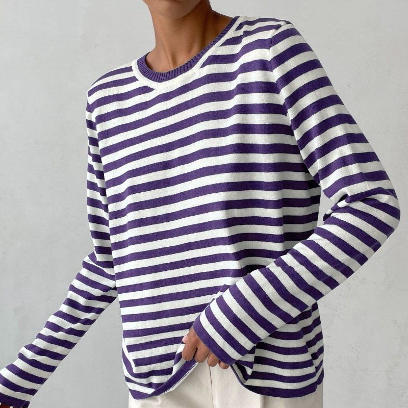 Pull rayé femme à col rond manches longues 7