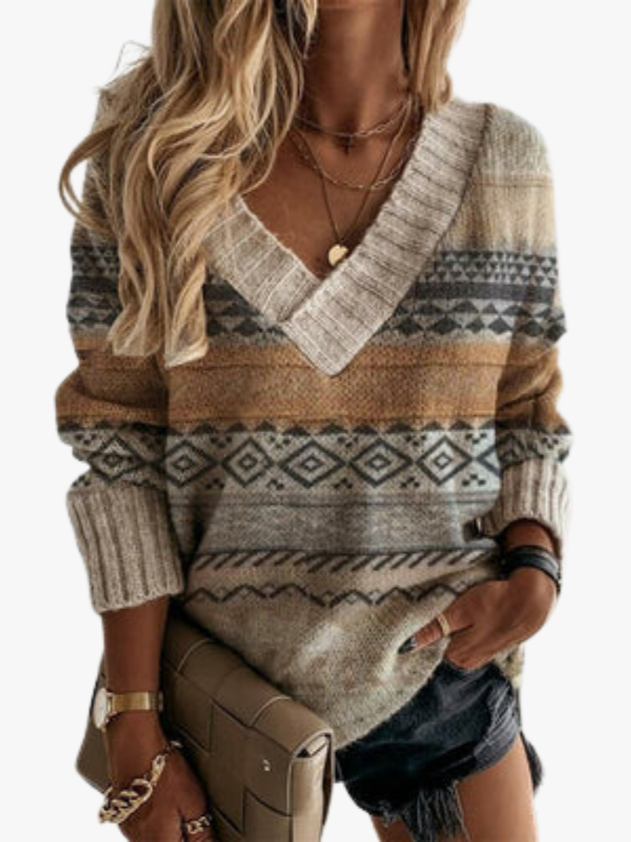 Pull tricot patchwork femme à motif ethnique col V manches longues 2