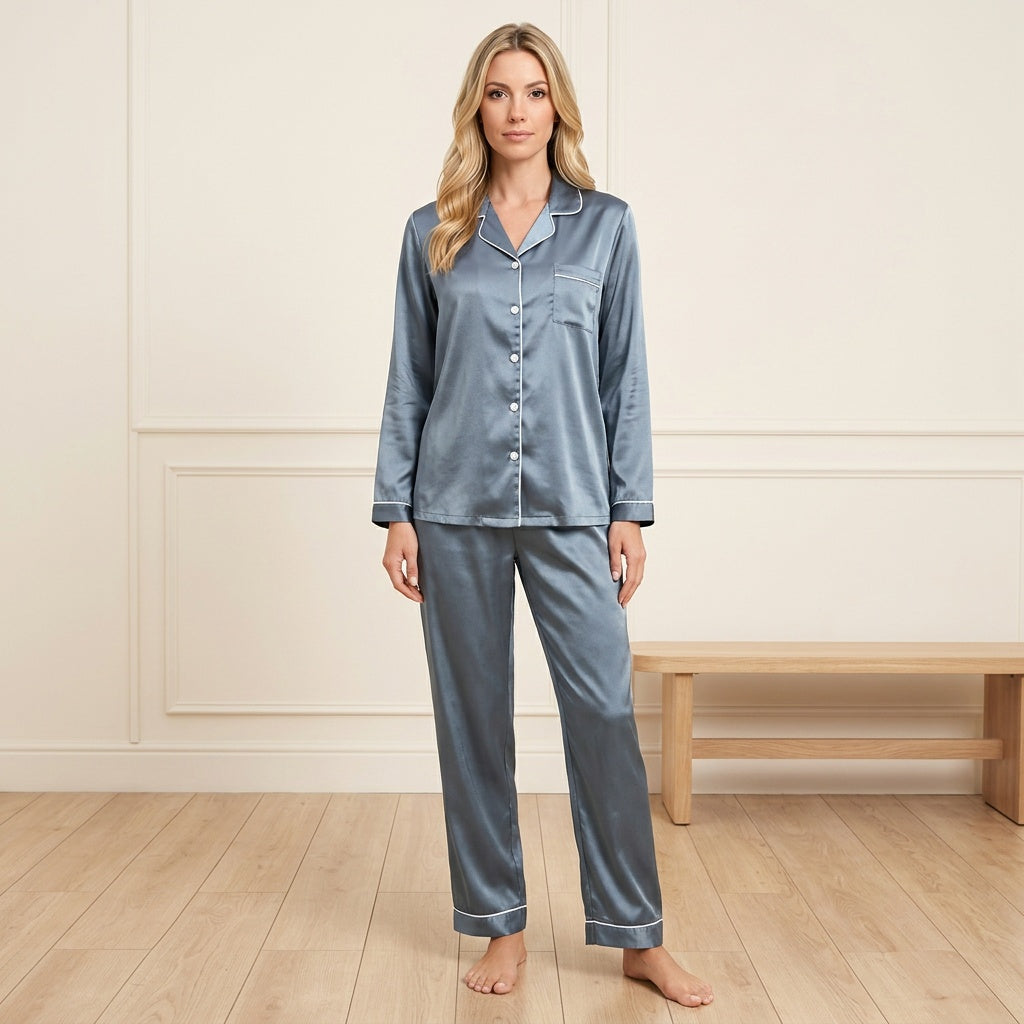 Pyjama femme boutonné à col tailleur et passepoil contrastant 4