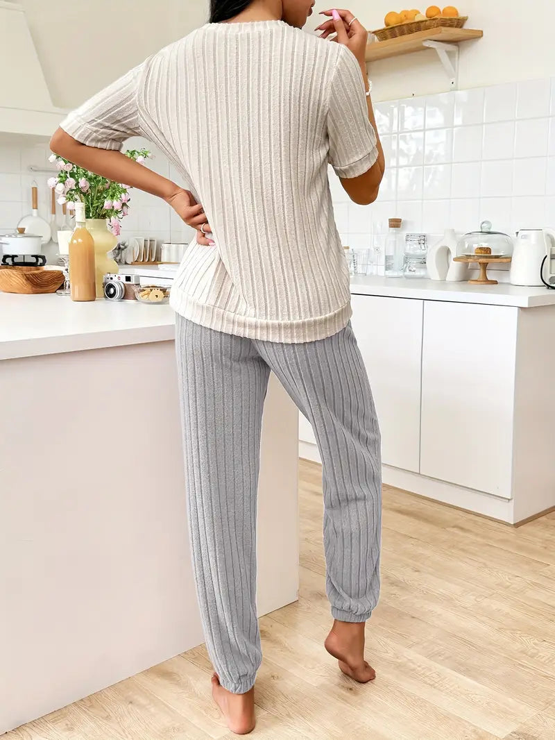Pyjama femme en maille côtelée à motif cœur et manches courtes 6