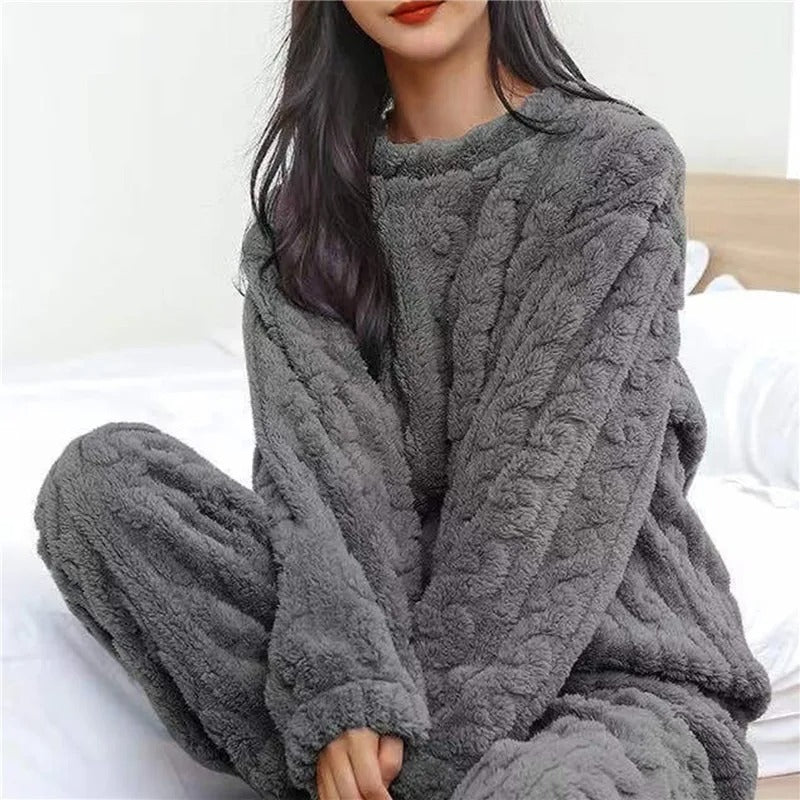 Pyjama femme en maille gaufrée à col rond et pantalon large 2