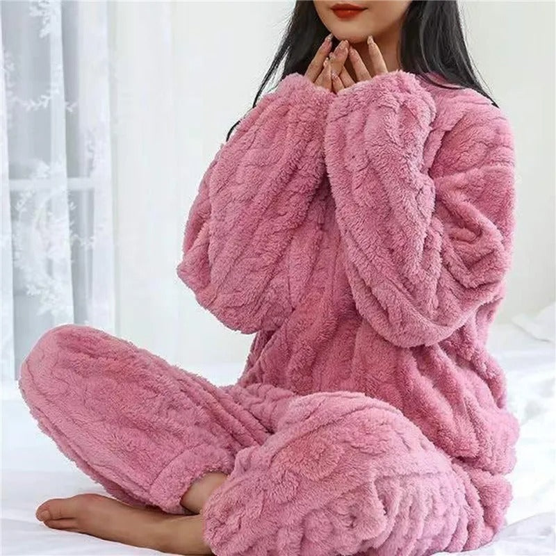 Pyjama femme en maille gaufrée à col rond et pantalon large 3