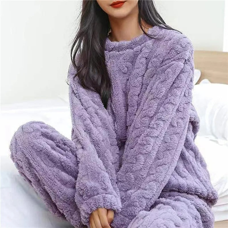 Pyjama femme en maille gaufrée à col rond et pantalon large 4