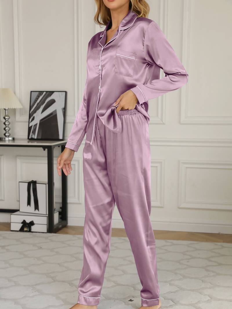 Pyjama femme en satin boutonné à col tailleur et poche poitrine 8