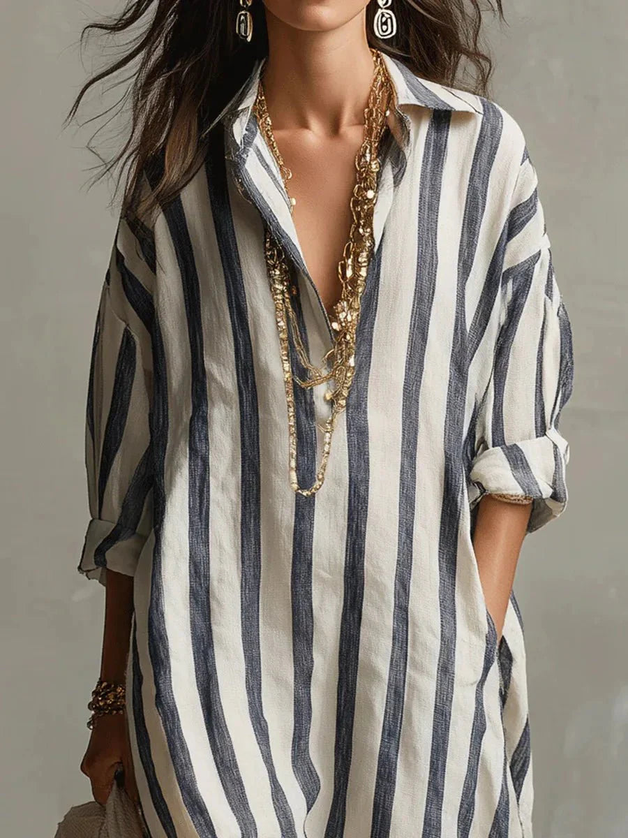 Robe chemise longue en lin rayée à coupe ample et poches