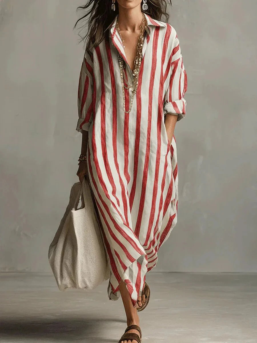 Robe chemise longue en lin rayée à coupe ample et poches