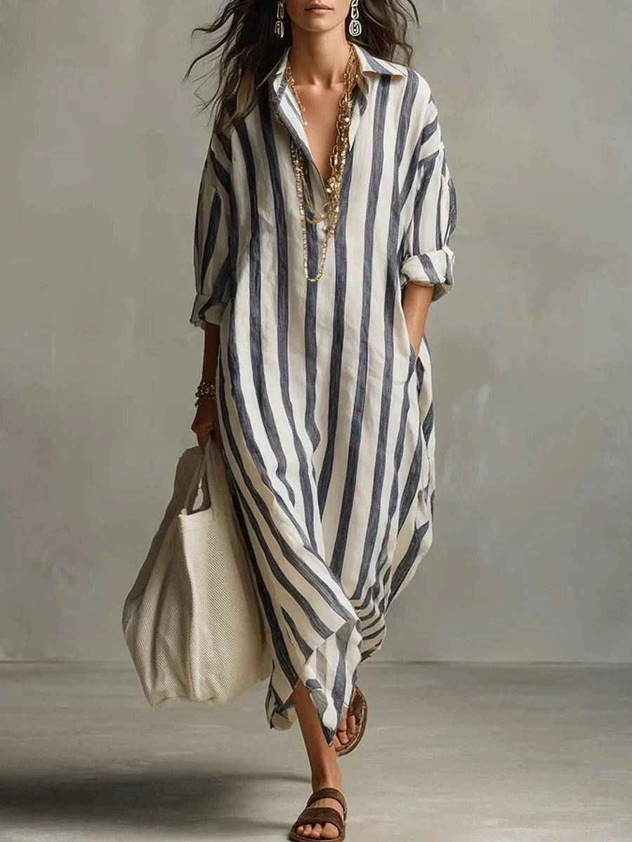 Robe chemise longue en lin rayée à coupe ample et poches