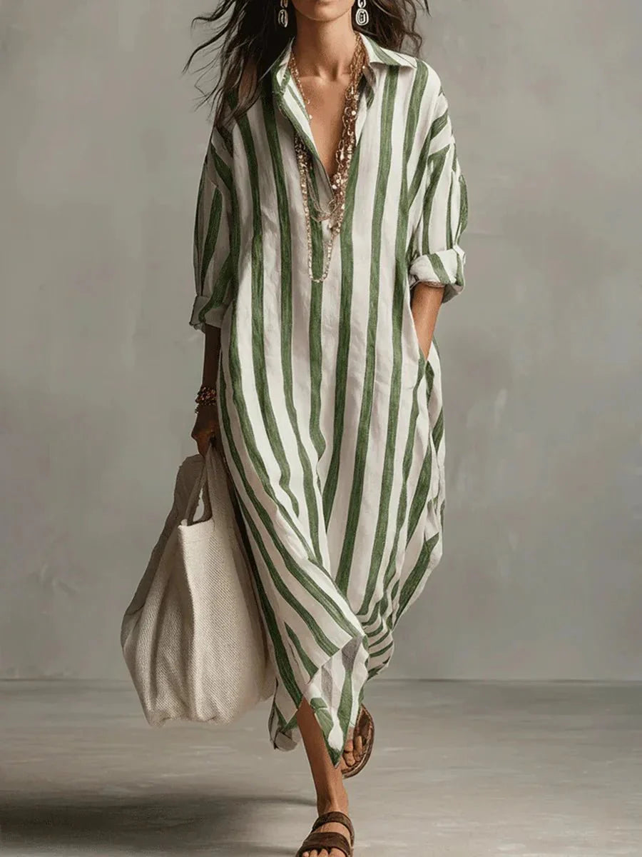 Robe chemise longue en lin rayée à coupe ample et poches