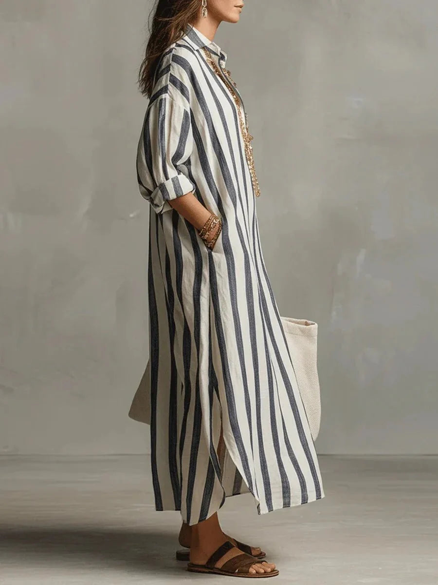 Robe chemise longue en lin rayée à coupe ample et poches