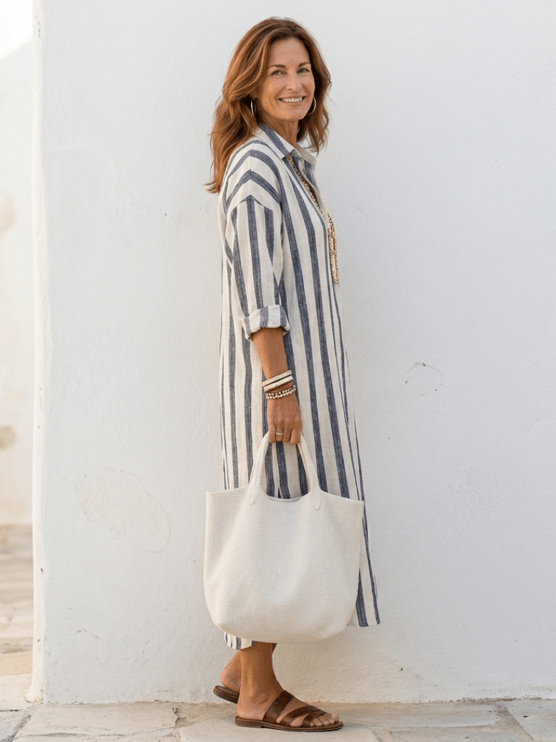 Robe chemise longue en lin rayée à coupe ample et poches