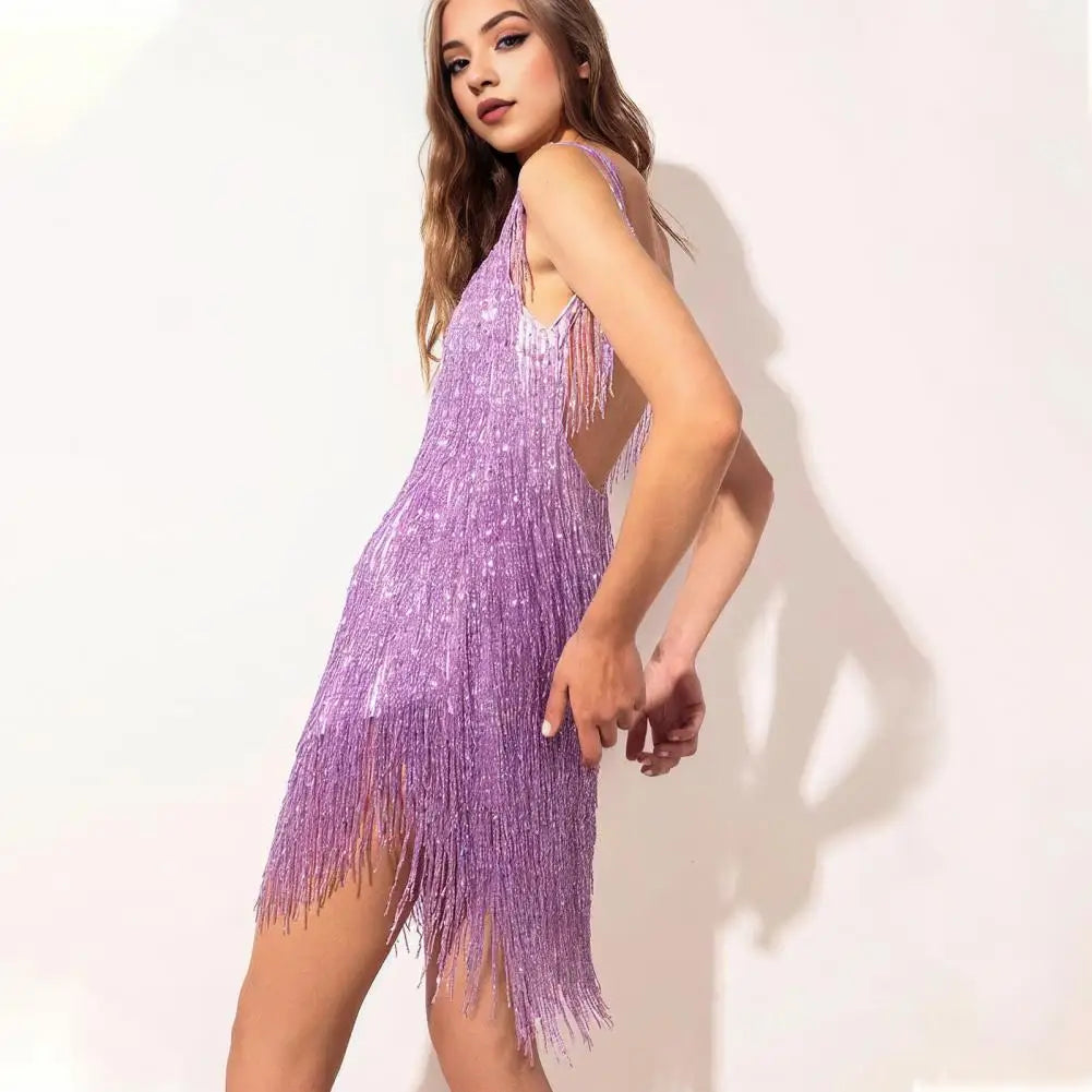 Robe de soirée à paillettes à franges sans manches 4