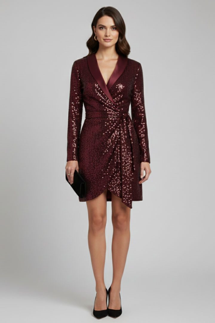 Robe de soirée à paillettes portefeuille à col châle 3