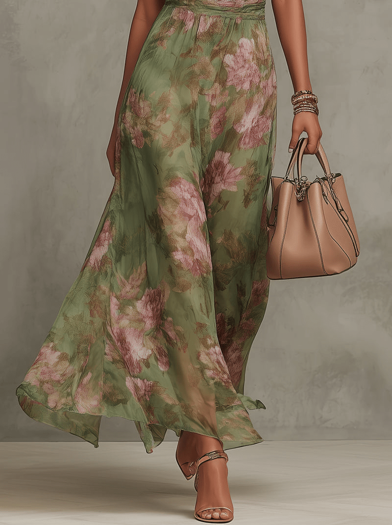 Robe longue florale sans manches à col montant