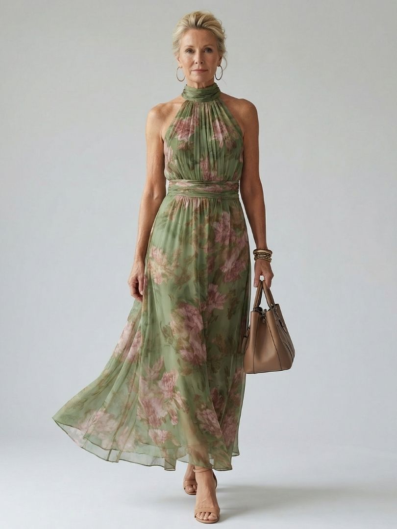 Robe longue florale sans manches à col montant