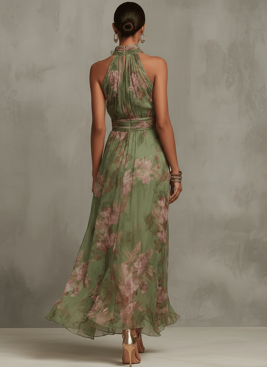 Robe longue florale sans manches à col montant