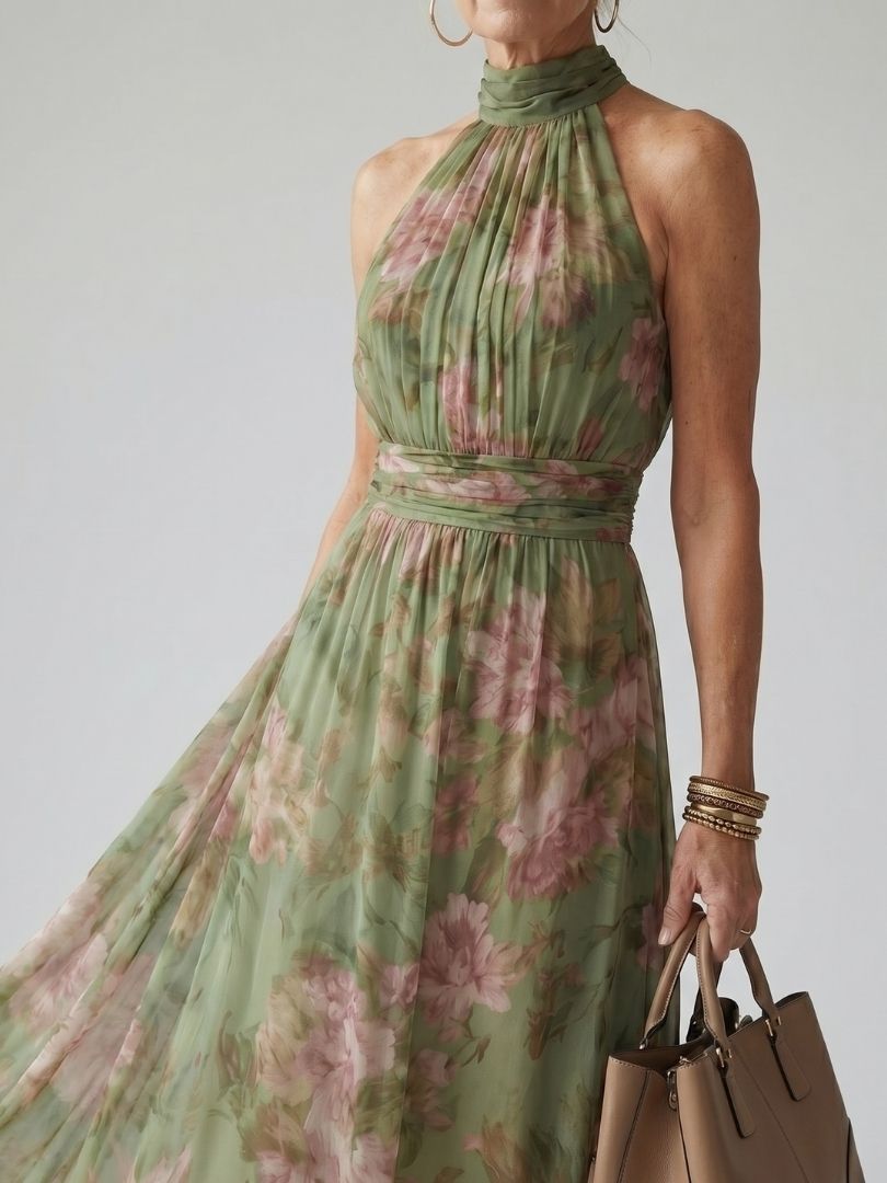 Robe longue florale sans manches à col montant