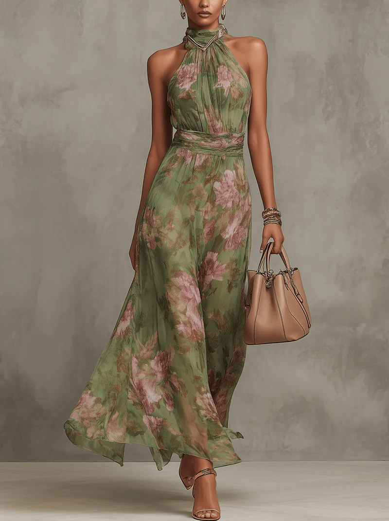 Robe longue florale sans manches à col montant