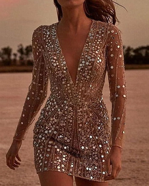 Robe de soirée à paillettes moulante à col en V et manches longues 3