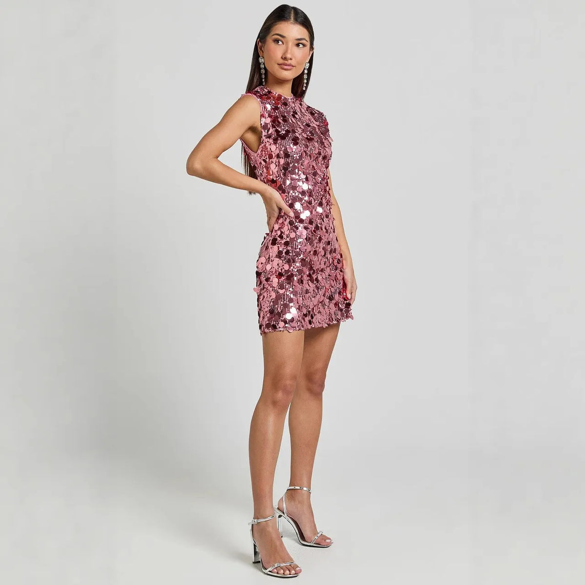 Robe de soirée à paillettes moulante sans manches à col rond 13