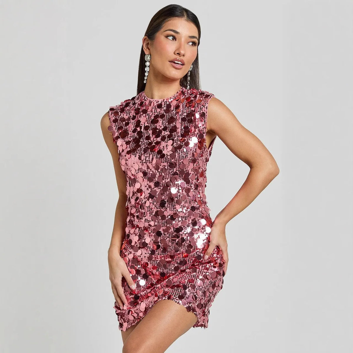 Robe de soirée à paillettes moulante sans manches à col rond 3