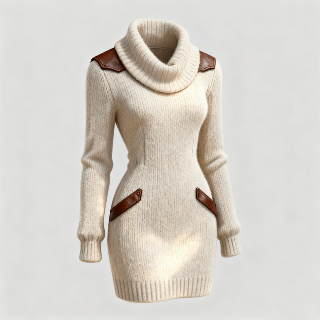Robe pull courte à col roulé et empiècements en cuir 1