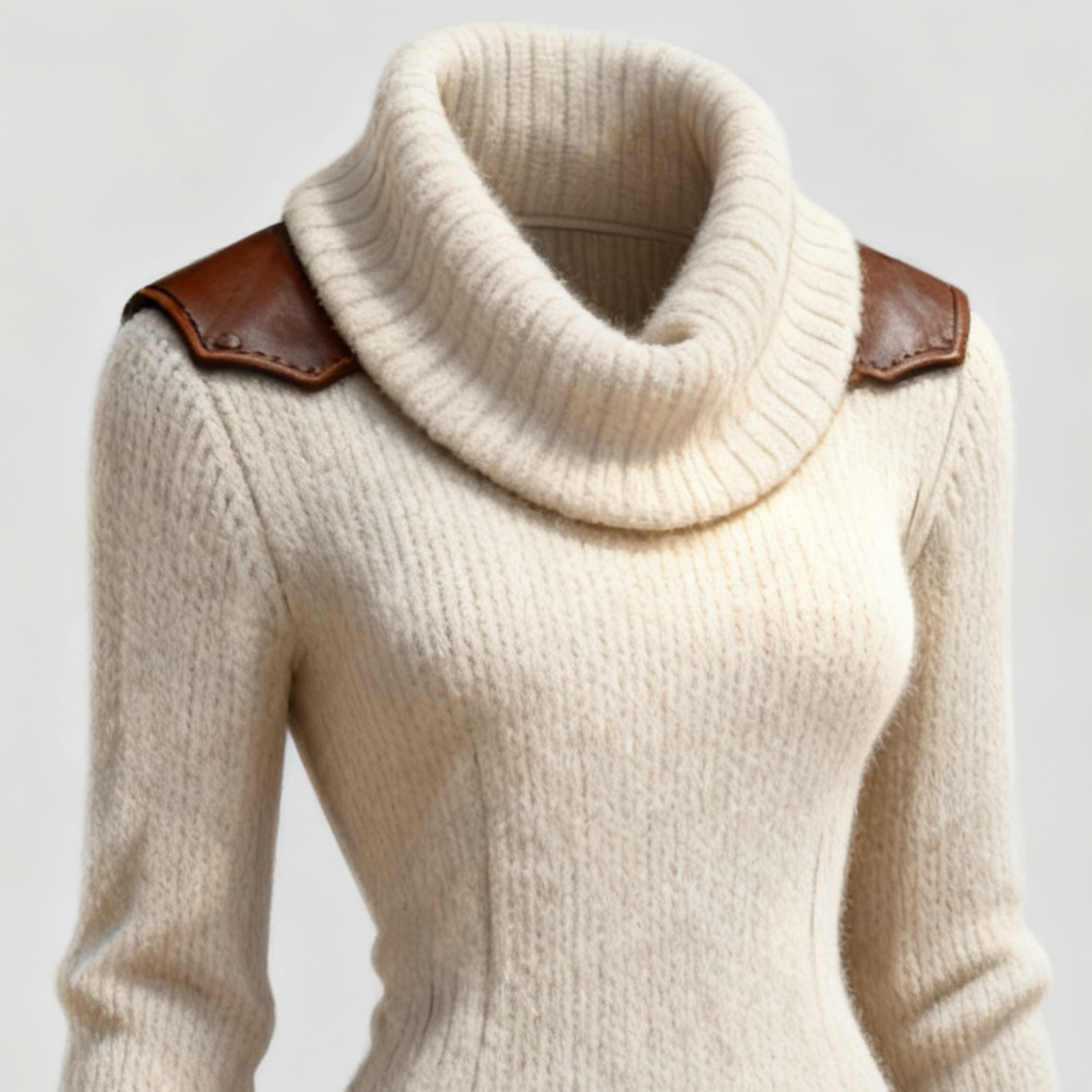 Robe pull courte à col roulé et empiècements en cuir 2
