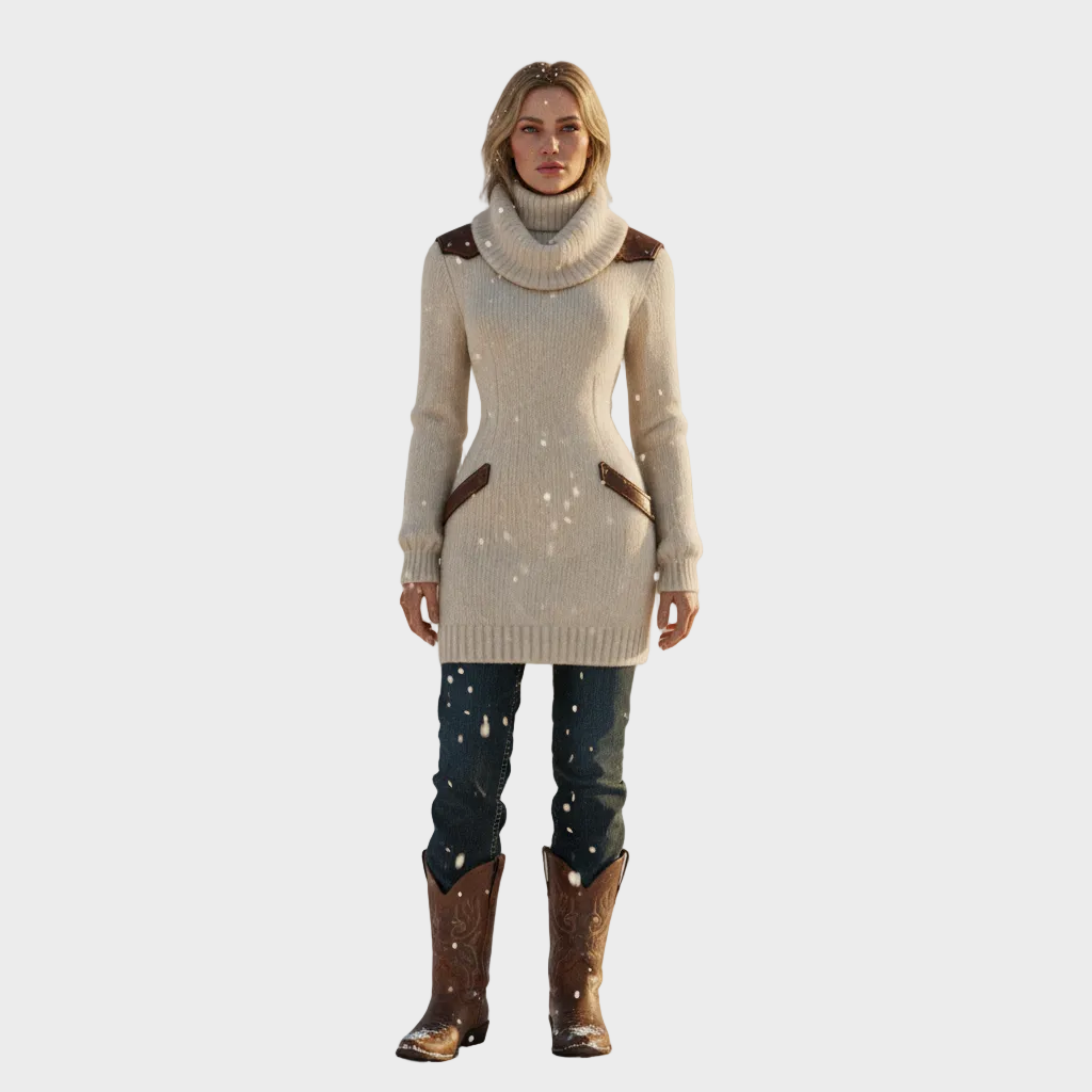 Robe pull courte à col roulé et empiècements en cuir 3