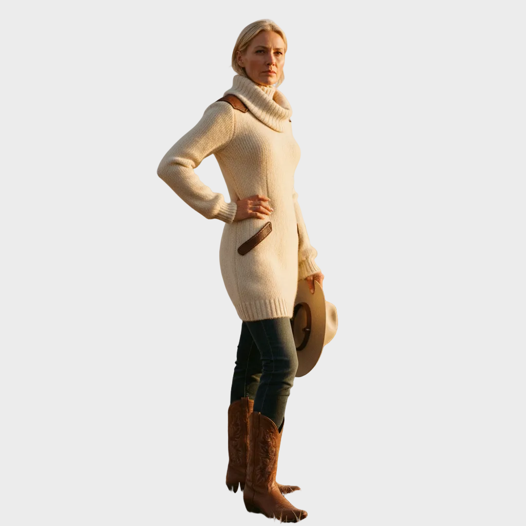 Robe pull courte à col roulé et empiècements en cuir 4