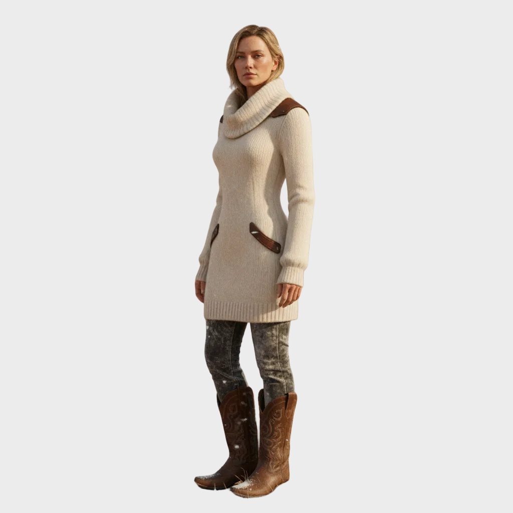 Robe pull courte à col roulé et empiècements en cuir 5